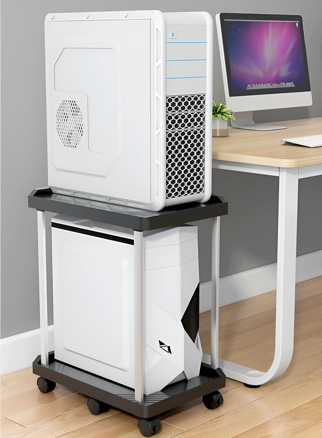 [Neping]パソコンワゴン pcラック 2段 360&deg;回転 コンパクト スリム オフィス 家庭用 移動可能 組み立て簡単 排熱構