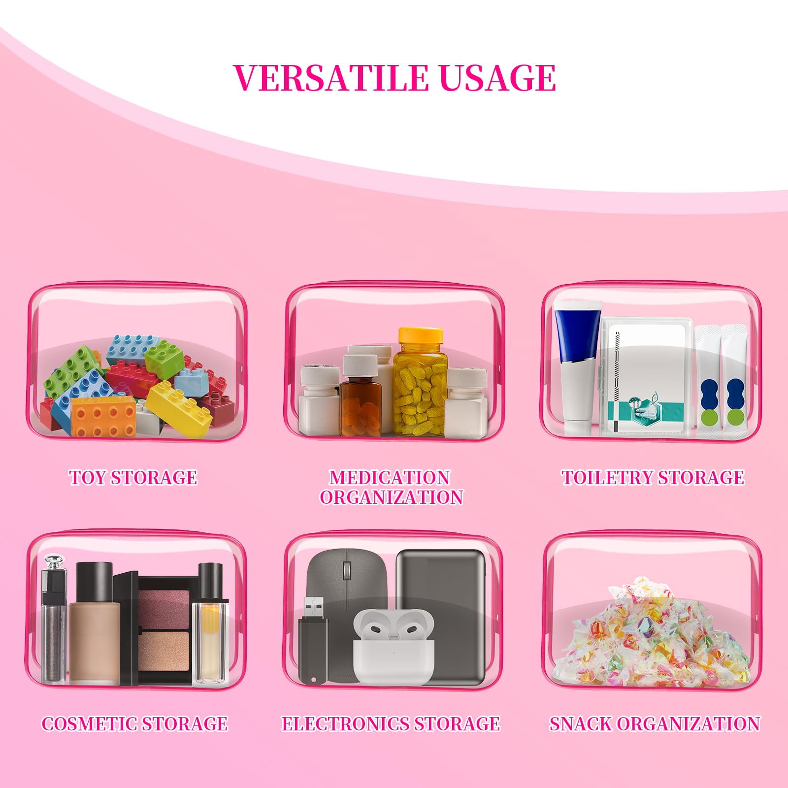 TISRATOK 24 bolsas de aseo transparentes para mujeres y hombres, bolsa de cosméticos transparente para viajes, organizador de maquillaje, bolsa aprobada por la TSA, Rojo rosa, M