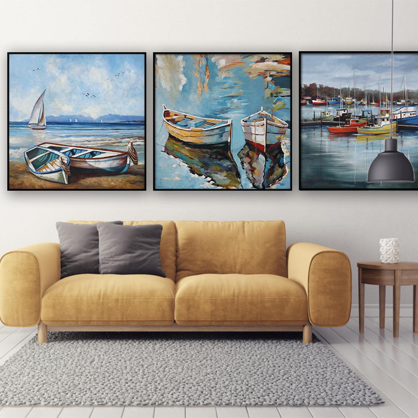 Leinwand-Wandbild „Boot Am Strand“ – 101x51 Cm, Handbemalt Mit Textur, Tropische Küstenlandschaft Für Wohnzimmer & Büro