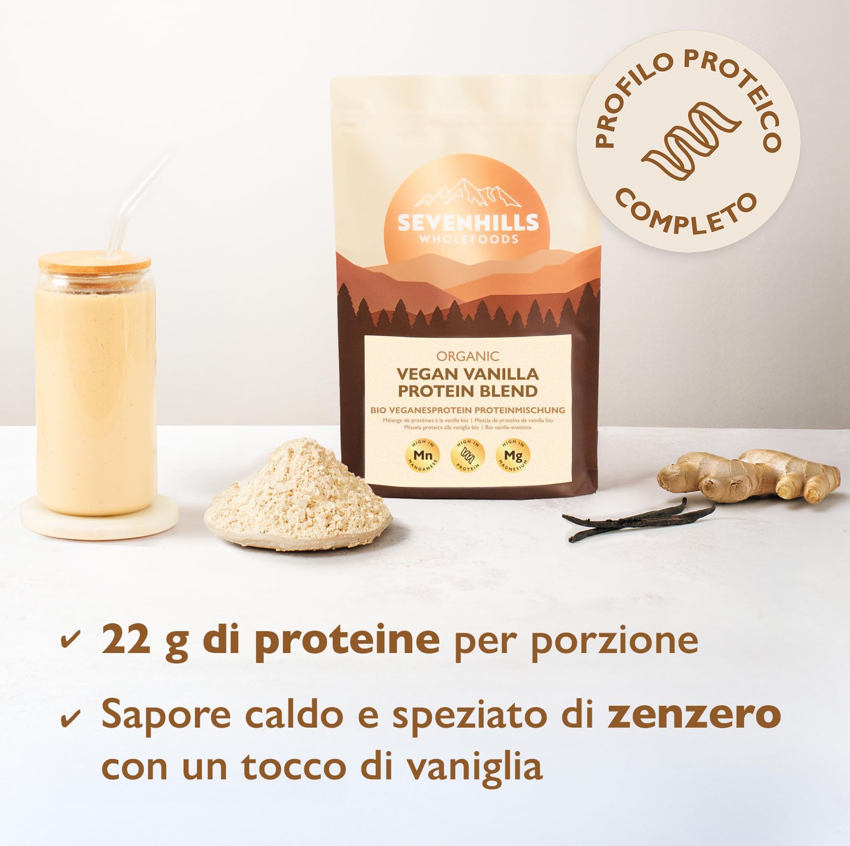 Sevenhills Wholefoods Proteine ​​Vegane in Polvere Biologiche Zenzero e Vaniglia | 30 porzioni, 22 g di proteine ​​per porzione | Proteine ​​di piselli, riso, zucca e canapa | 1,05 kg