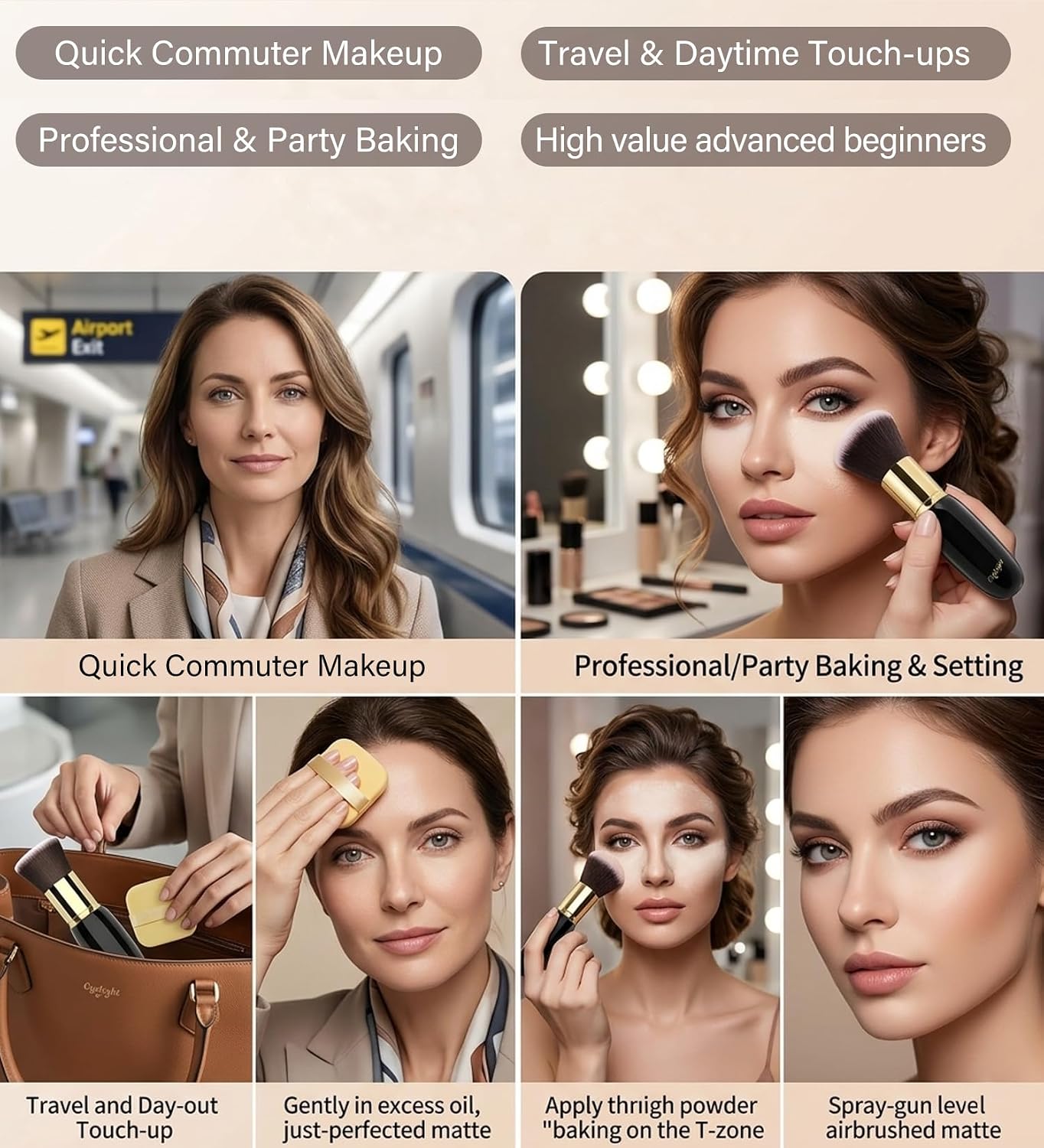 Travel-Friendly Flat Top Kabuki Brush & Powder Puff Set - Fast Blending Foundation Brush for Natural Coverage, Perfect for School, Office Touch-Ups and On-the-Go Makeup