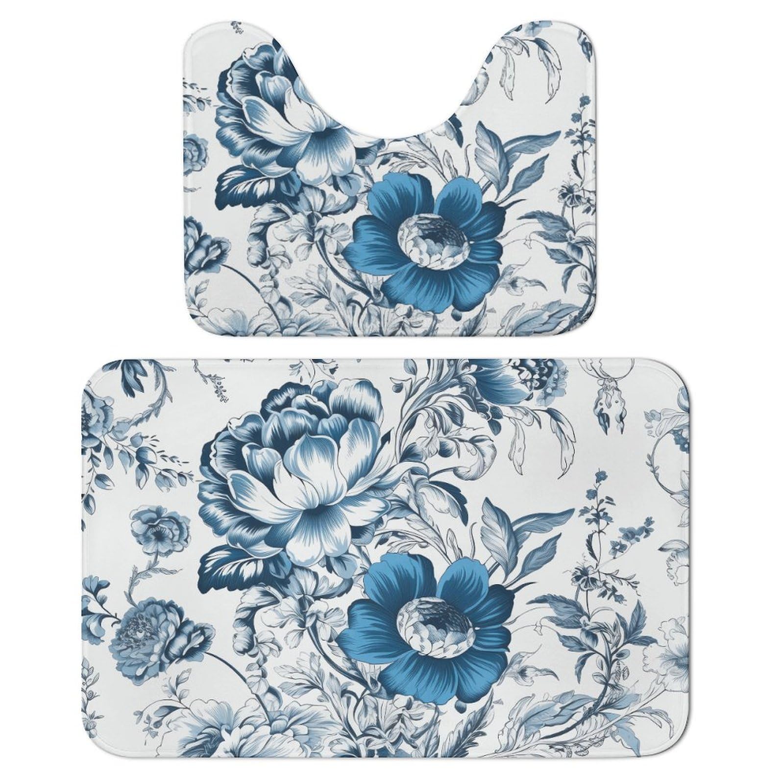 Tapis de salle de bain doux en forme de U floral bleu et blanc pour toilettes