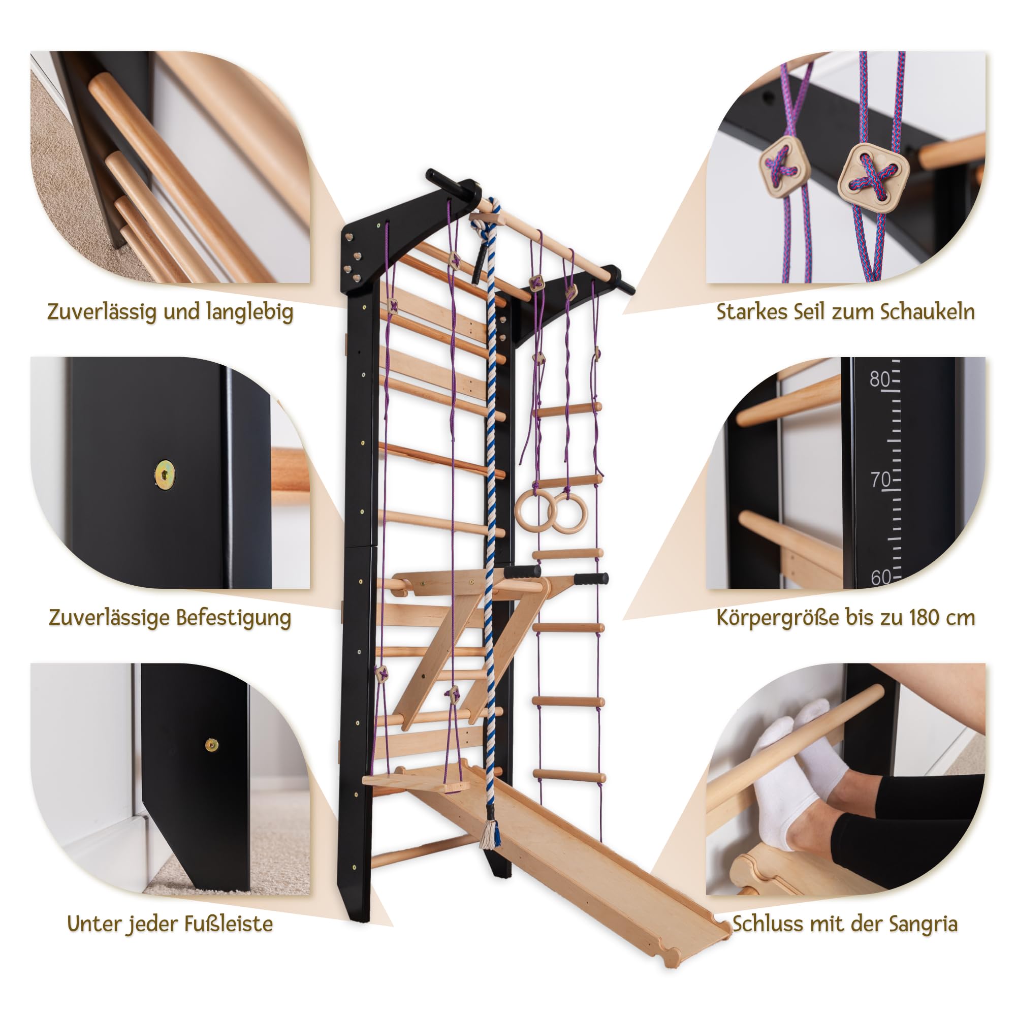 Sprossenwand Holz mit Rutsche & Schaukel - Indoor Klettergerüst für Kinder & Erwachsene - Turnwand mit Kletterbrett & Zubehör - Massiv bis 150kg (Schwarz)
