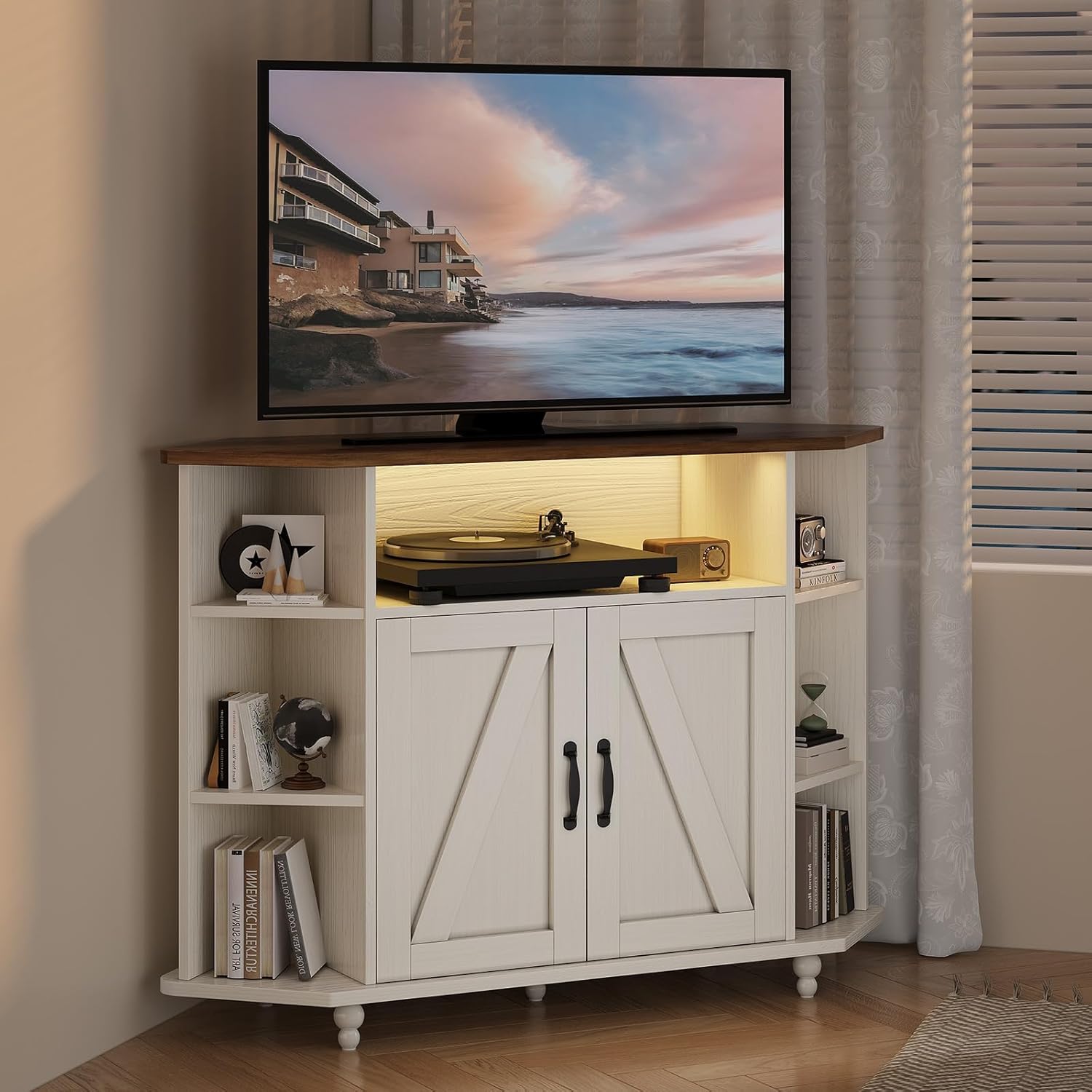 4 EVER WINNER Corner TV Stand for 50 Inch TV, Farmhouse Corner Entertainment Center with LED Lights and Adjustable Shelves, Corner TV Cabinets with Barn Doors for Living Room, White