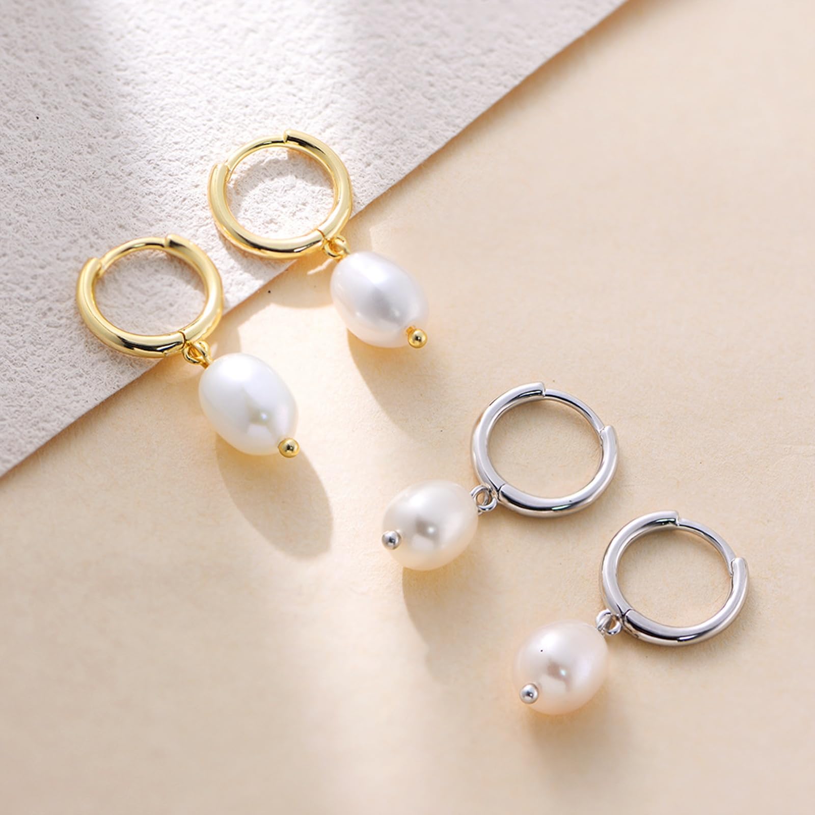 Pendientes de aro de oro de 9/14/18 quilates para mujer, 6 x 8 mm, perla de oro real