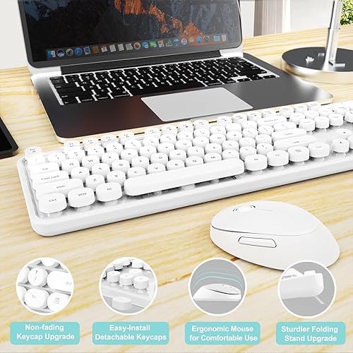 Miniatura 6 de Combo de teclado y mouse inalámbricos, teclado ergonómico de tamaño completo con diseño retro tipo máquina de escribir, con teclas redondas, Blanco