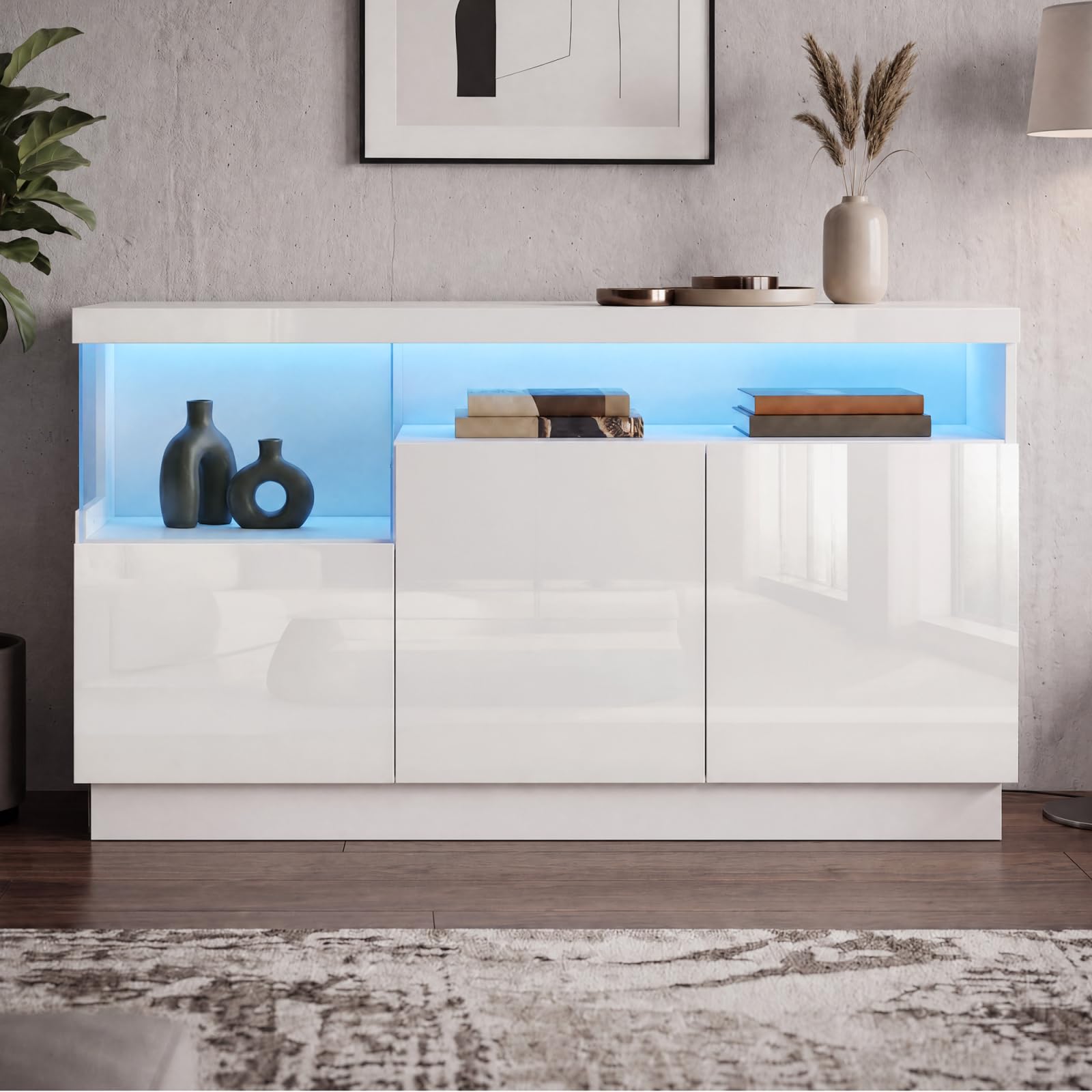 Mueble de TV moderno blanco brillante y aparador de comedor premium con luces
