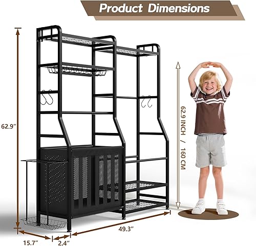 Miniatura 5 de Organizador de equipos deportivos de garaje, estante de almacenamiento para bolsas de golf, soporte de pelota resistente con cesta y ganchos,
