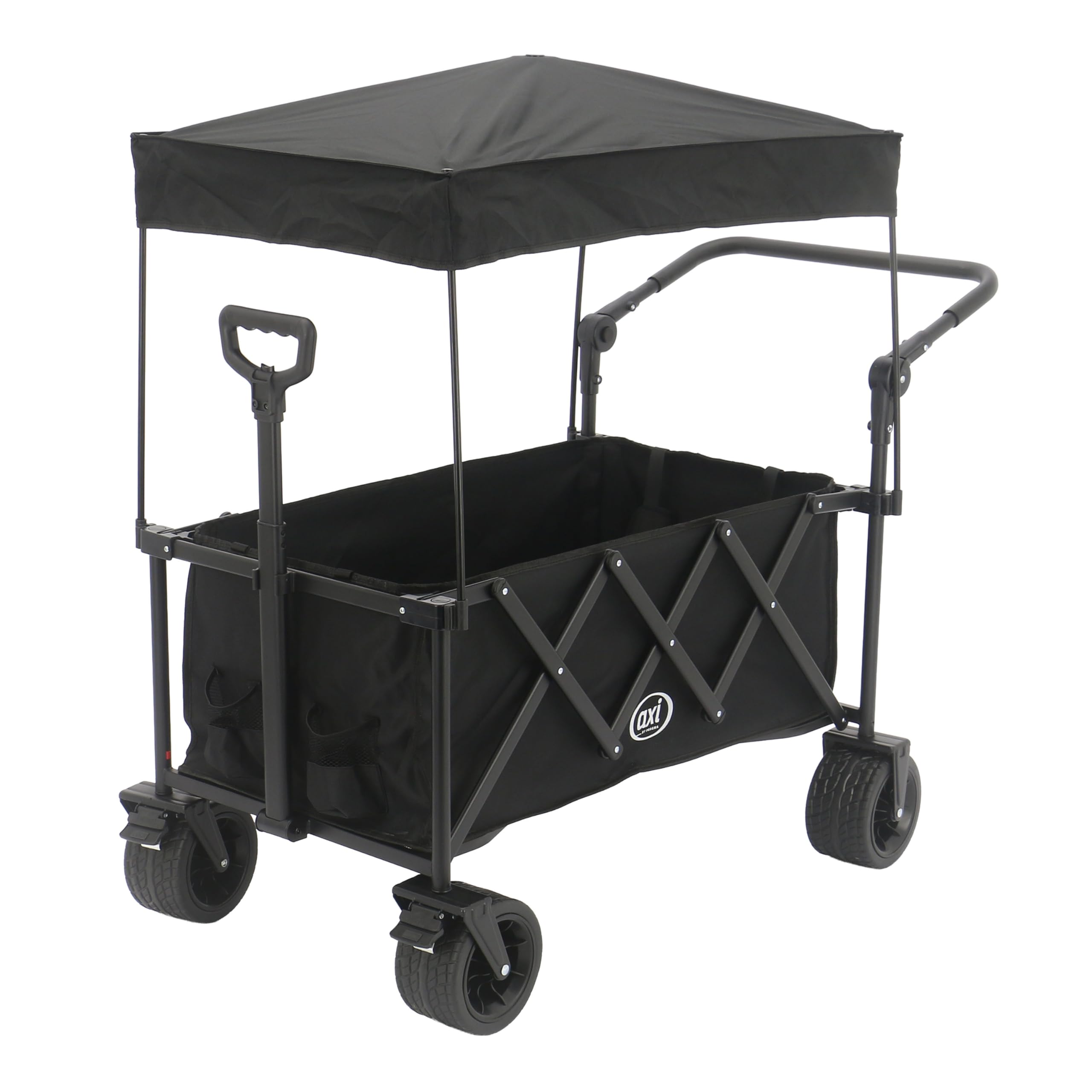 AXI SB221 Faltbarer Bollerwagen mit Dach in Schwarz | Handwagen Klappbar/Faltbar mit Zug- & Schiebestange, Gurt, Hülle, & Getränkehalter - PP Gummireifen | Kapazität: 130 l