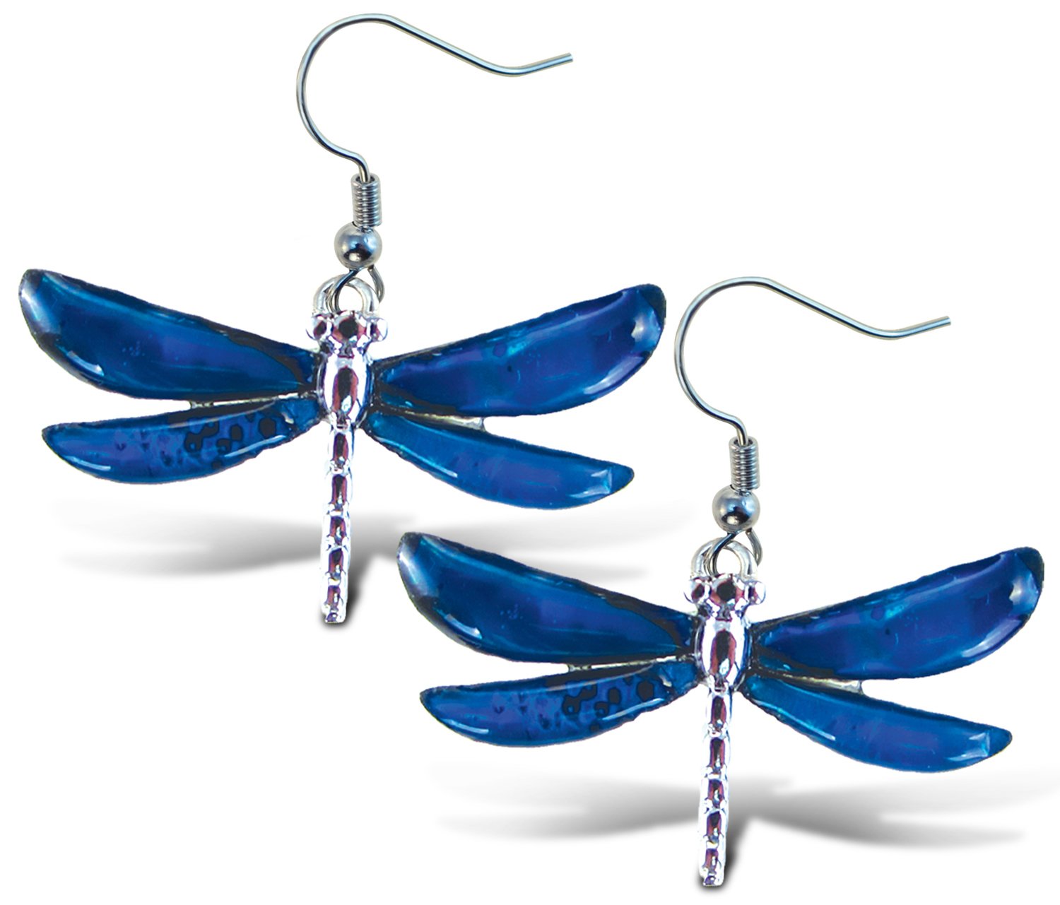 Puzzled Blue & Silver Dragonfly Dangle Post Fish Hook Drop Earrings, 1.35 Inch Fashionable Sparkling Elegant Jewelry with Genuine New Zealand Paua