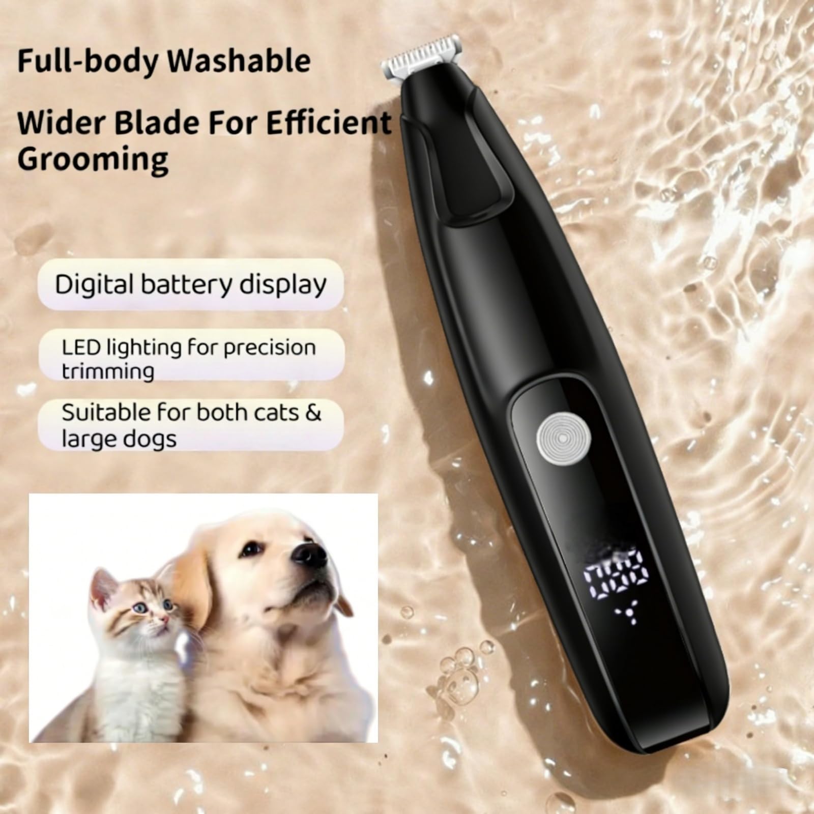 Rasoio per zampe di cane a bassissimo rumore, lama larga 18 mm con luce LED, ricaricabile tramite USB, con display a LED, per cani e gatti, nero