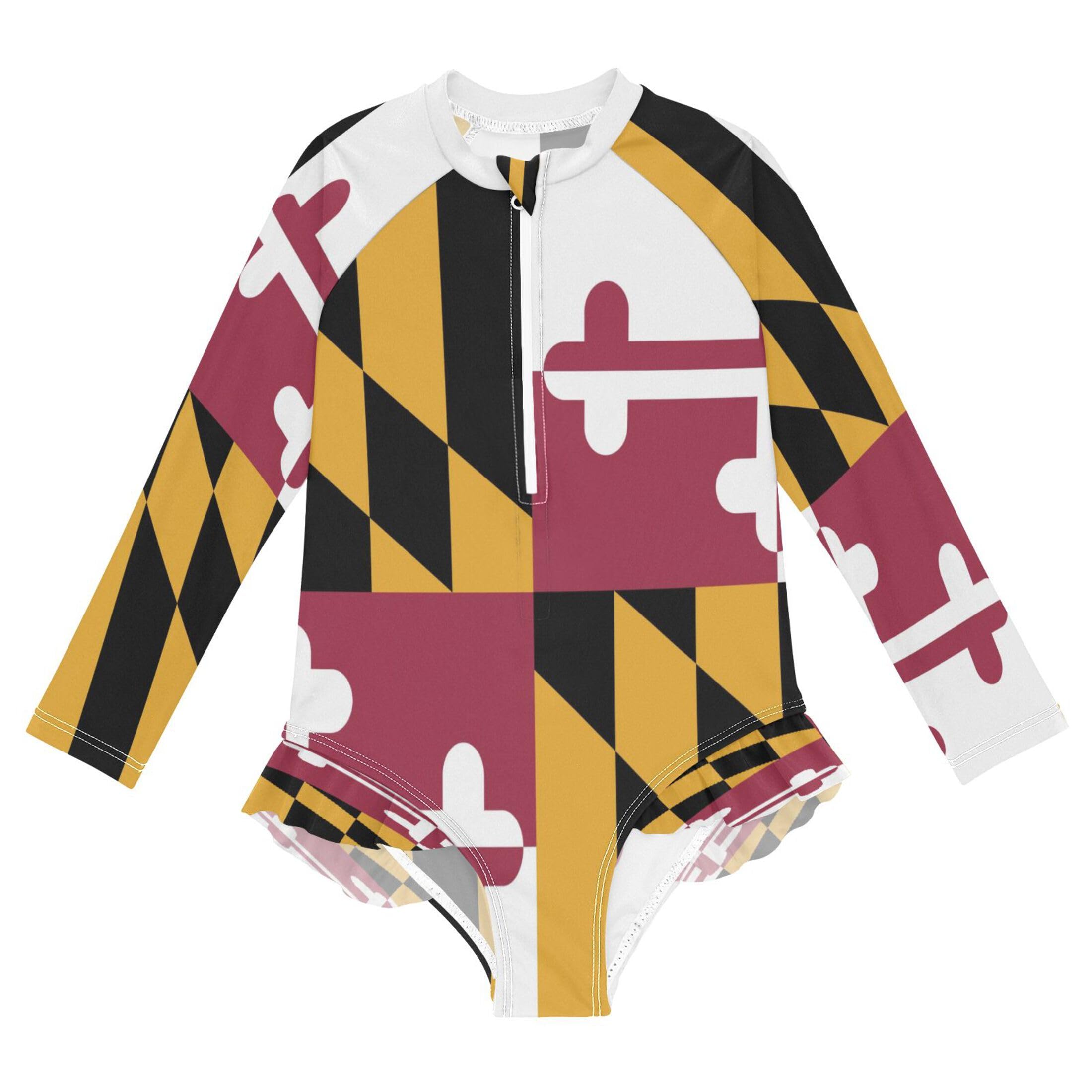 Vozoza Traditional Maryland Flag Baby Girl Bathing Suit Long Sleeve UPF 50+ One Piece Toddler Swimsuit Size 5-6t Multicolor