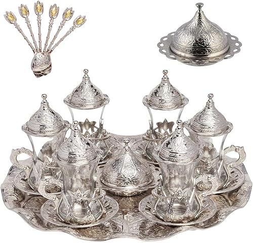 Alisveristime Zamzam de té turco hecho a mano Juego de servir vasos platillo, bandeja y cuchara (plata)