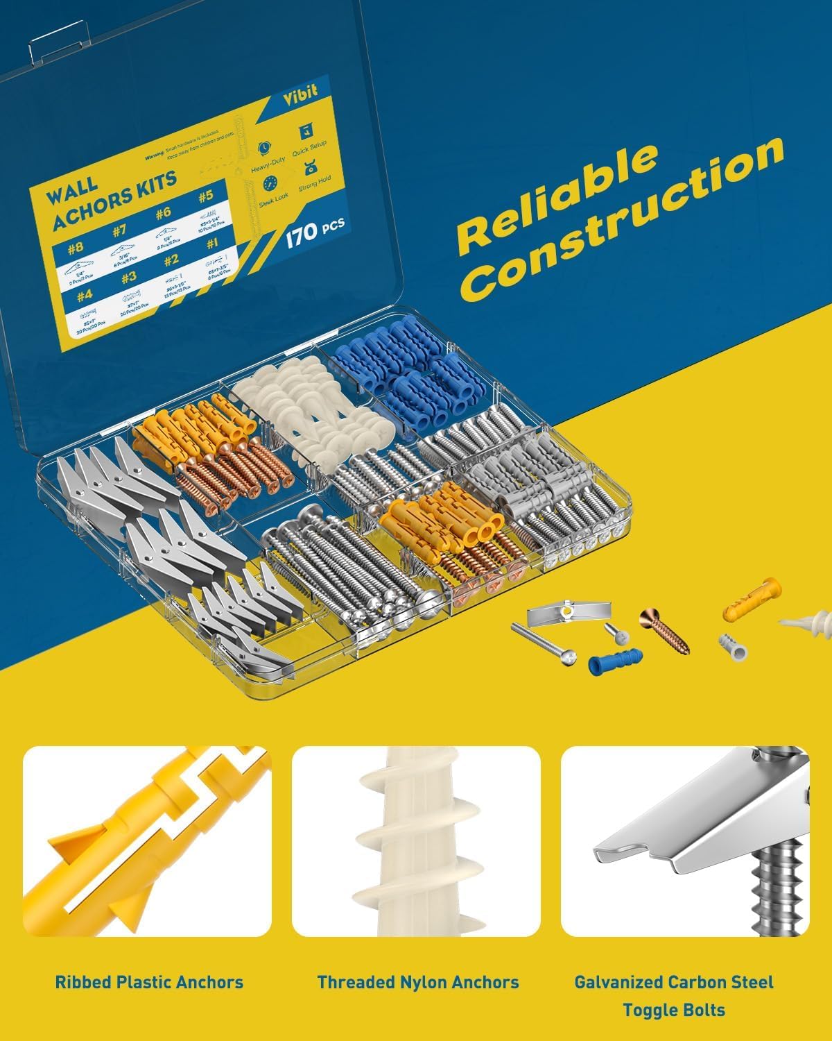 Vibit Toggle Anchors - 170 Pcs Drywall Kit -3