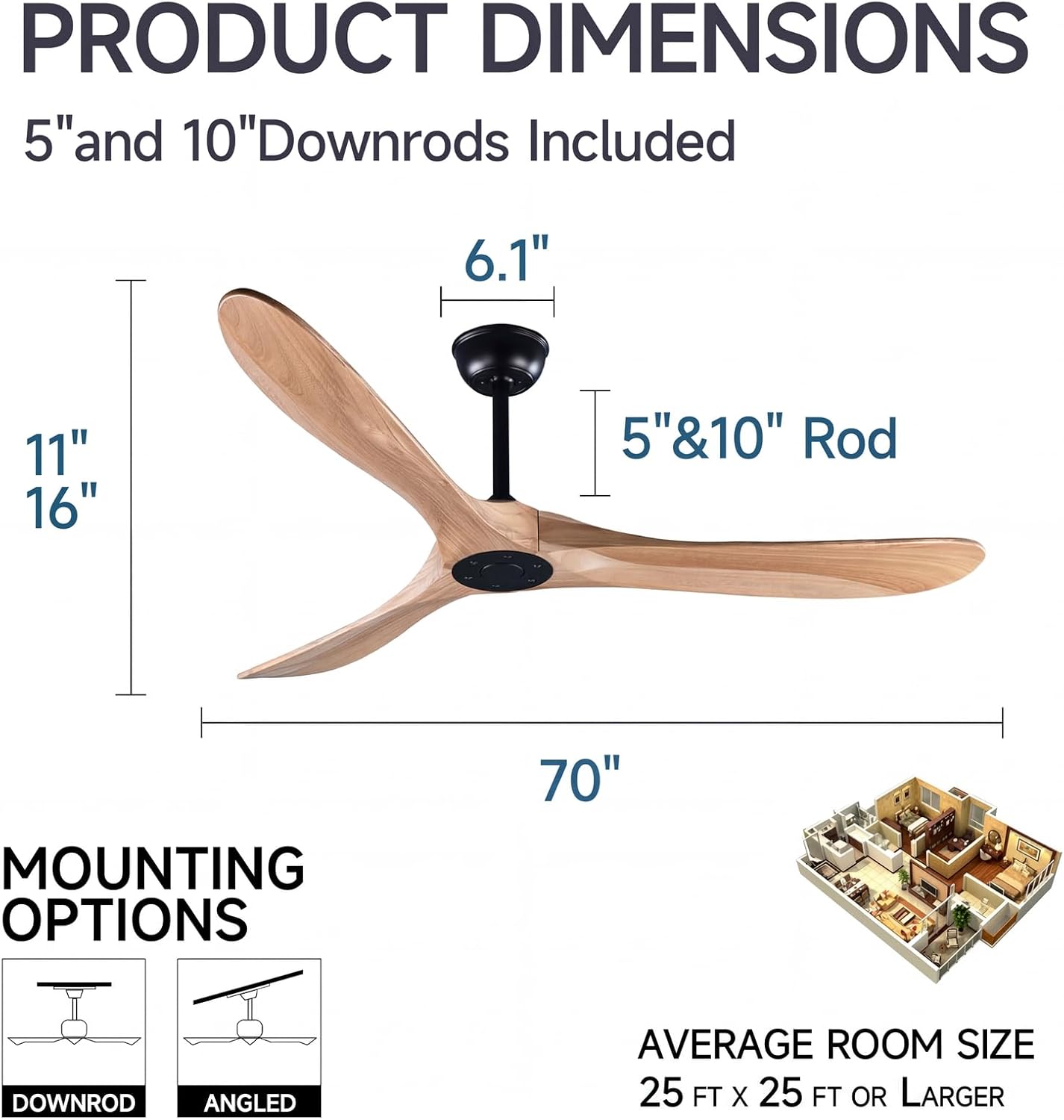 Ceiling Fan No Light, 70 Inch Modern Solid Wood Ceiling Fan with Remote, Quiet DC Motor, Flush Mount Low Profile Indoor or Covered Patio Ceiling Fan for Bedroom Living Room