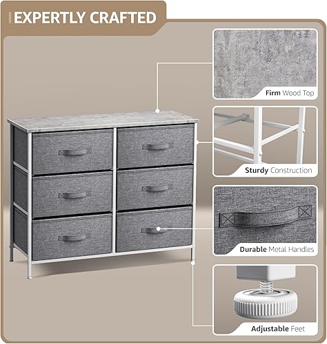 Miniatura 22 de Sorbus Cómoda con 6 cajones, unidad organizadora de pecho con marco de acero, parte superior de madera y asa, contenedores de tela fáciles de tirar