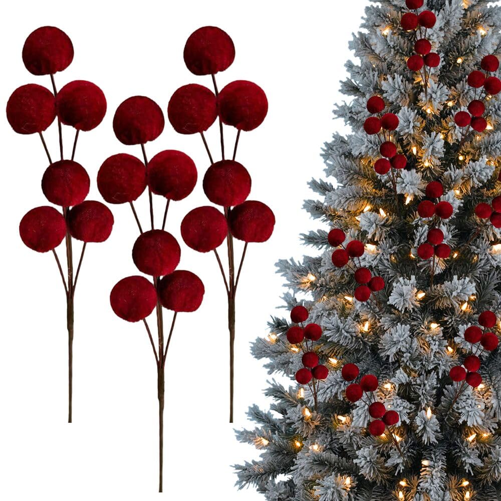 CCUUHJ 3Pcs 12 Inch Christmas Tree Picks Velvet Christmas Ornaments Spheres Ball Pick Xmas Tree Branches Hanging Decoration Wreath Home Office Party Ornament (Burgundy)