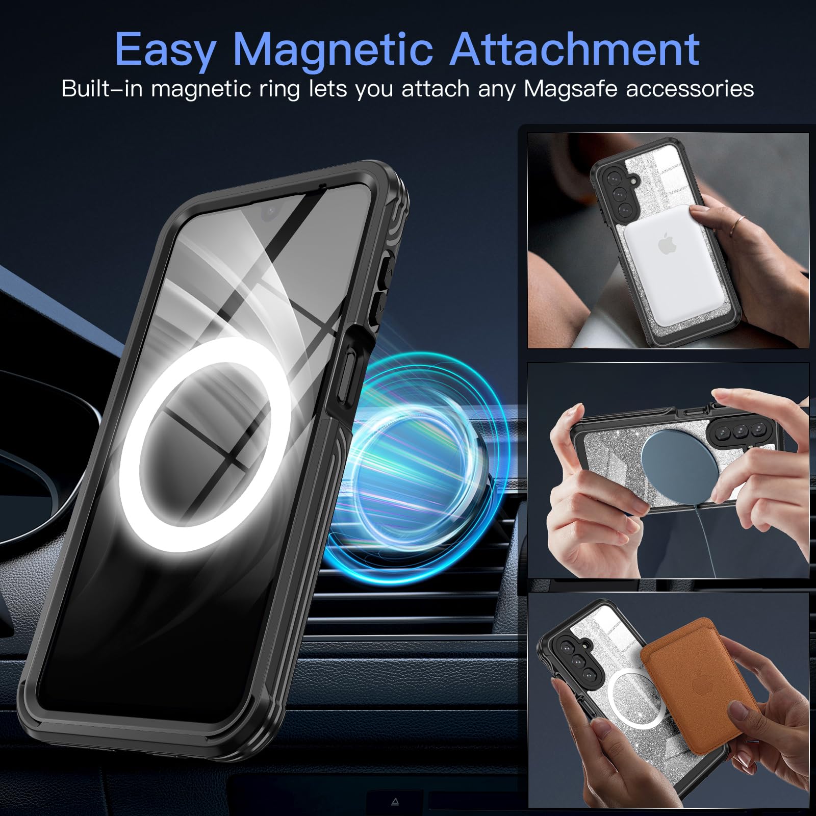 Funda para Galaxy A17 5G, compatible con MagSafe, funda magnética con purpurina integrada con protector de pantalla de vidrio templado 9H, funda protectora a prueba de golpes para Samsung