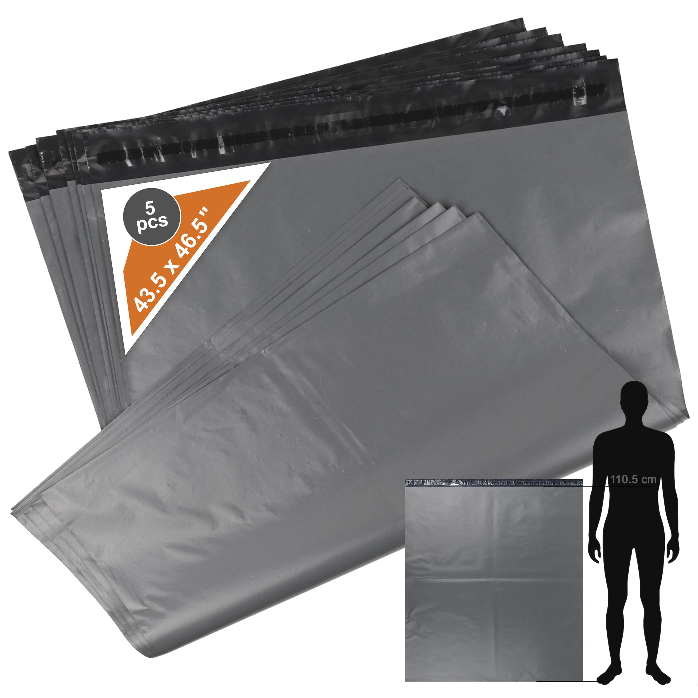 5 x Big Parcel Bag, Strong Parcel Bags 43.5 x 46.5" (110.5 x 118cm), Self Adhesive and Tear-Resistant Plastic Postage Envelopes for Mailers, Delivery & Shipping