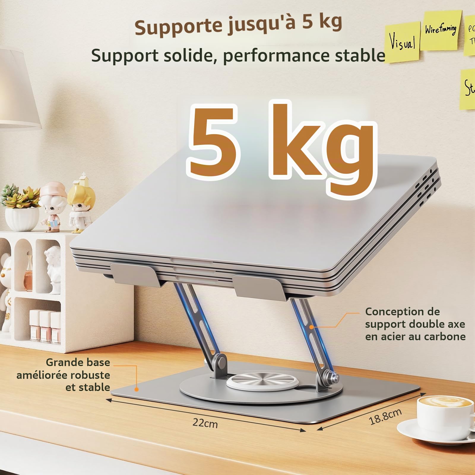 Euqvunn Support Ordinateur Portable, Pliable Support PC avec Base Rotative à 360°, Rehausseur Ordinateur Portable, Réglable en Hauteur et en Angle, Compatible avec MacBook Pro/Air, 11–16"(Argent)