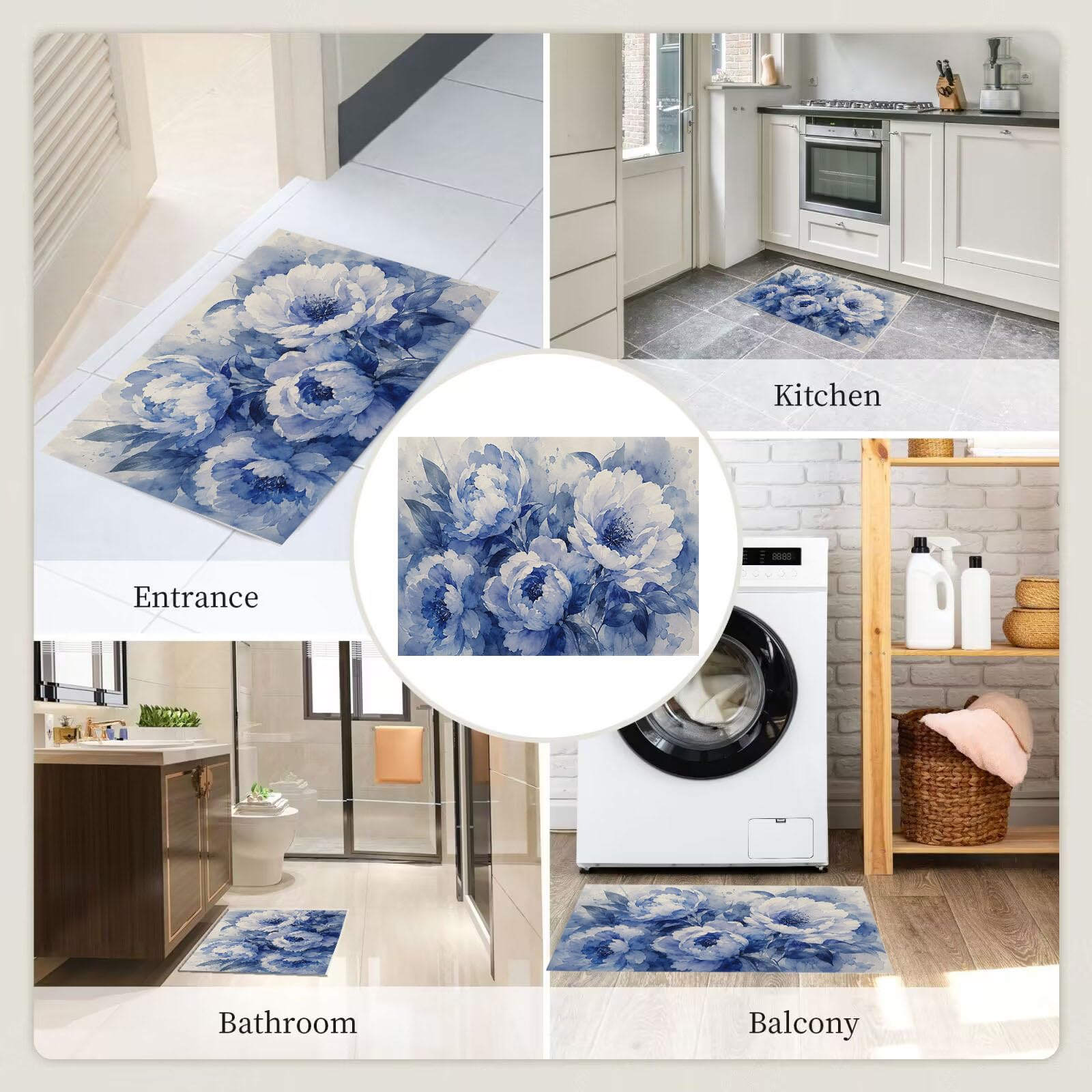60X90Cm Zerbino Ingresso Interno Antiscivolo Assorbente, Tappeto Microfibra Sottile Lavabile Con Peonia Acquerello Sfumato Piante Della Tranquillità Orientale Per Cucina Bagno Porta Animali, Indaco