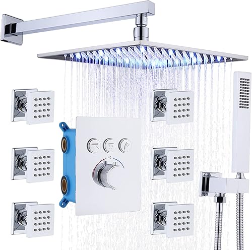 Miniatura 1 de Sistema termostático de ducha de cabezal de lluvia de 12 pulgadas con espray corporal y juego de grifo de ducha de latón que puede funcionar