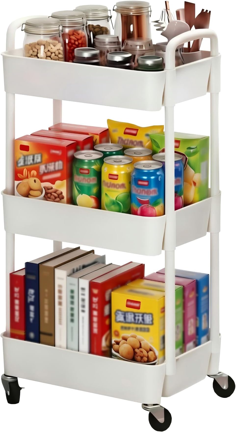 Sywhitta 3-Tier Plastic Rolling Utility Cart with Handle, Multi-Functional Storage Trolley for Office, Living Room, Kitchen, Movable Storage Organizer with Wheels, White