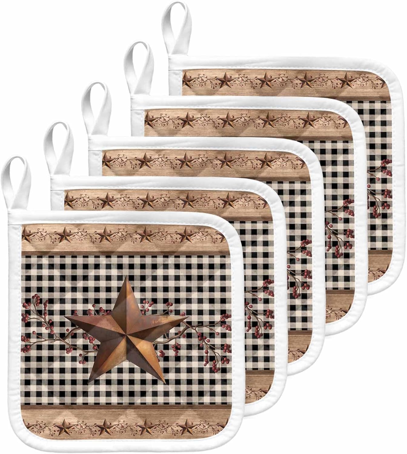 Vintage Texas Star Brown Pot Holders for Kitchen Heatproof Potholder, 5 Pack Black Plaid Berry Farmhouse Hot Pads Multipurpose Oven Pads Cloth Potholders Trivet for Cooking Baking