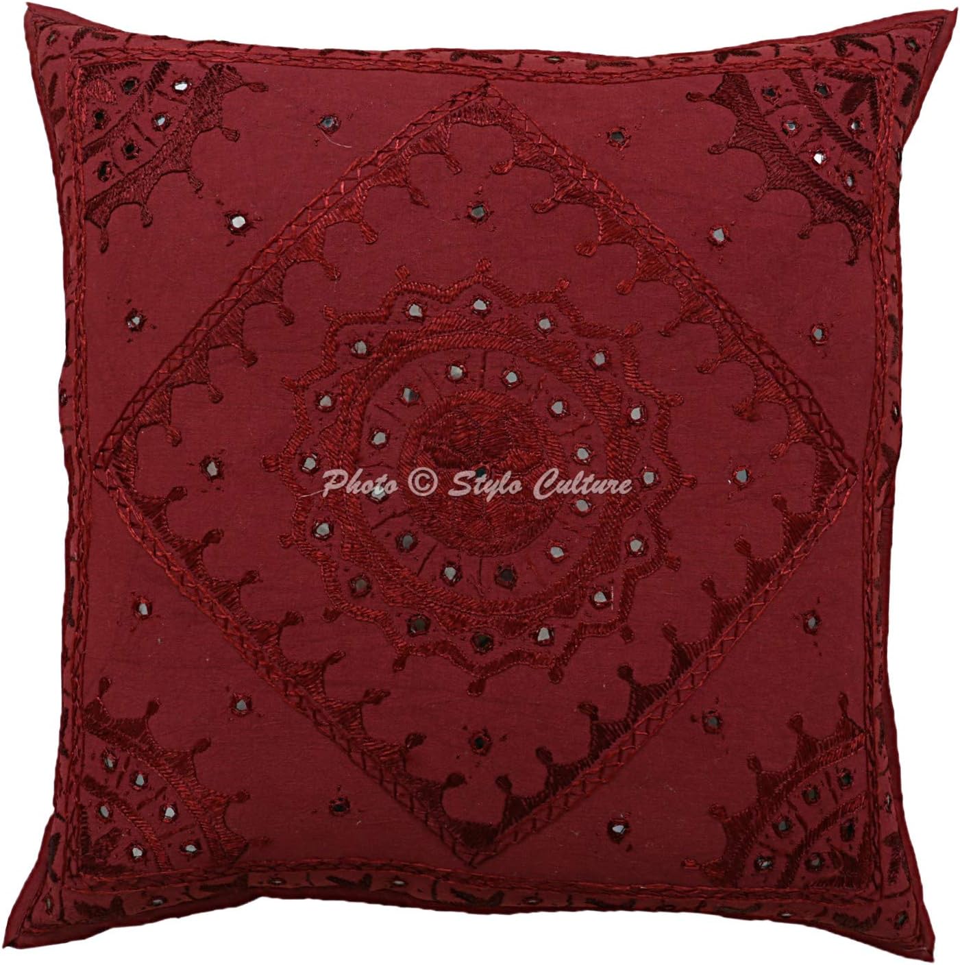 Ethnic Decorative Couch Sofa Accent Throw Pillow Covers 60x60 cm Cotton Bed Room Maroon Mirrored Embroidered Square Luxury Envelope Bohemian 24x24 Inch Cushion Covers - 2 Pcs