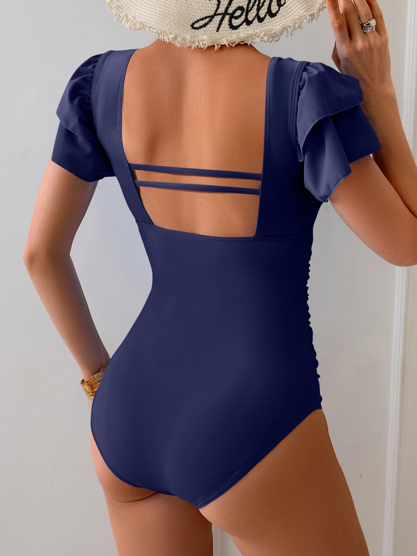 Eomenie Women's Tummy Control One Piece Swimsuit Ruffle Square Neck Bathing Suit Ruched Cutout Back Slimming Swimwear | Quadratischer Ausschnitt, gerüscht, schlank, bescheiden, Rückenausschnitt, nicht abnehmbare Polsterung