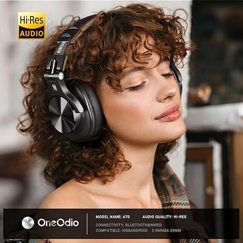 OneOdio A70 Bluetooth Over Ear Headphones, Wireless Headphones with 72H Playtime, Hi-Res, Built-in Mic, 3.5mm/6.35mm Wired Audio Jack for Studio Monitor & Mixing DJ Guitar AMP, Computer PC Gaming