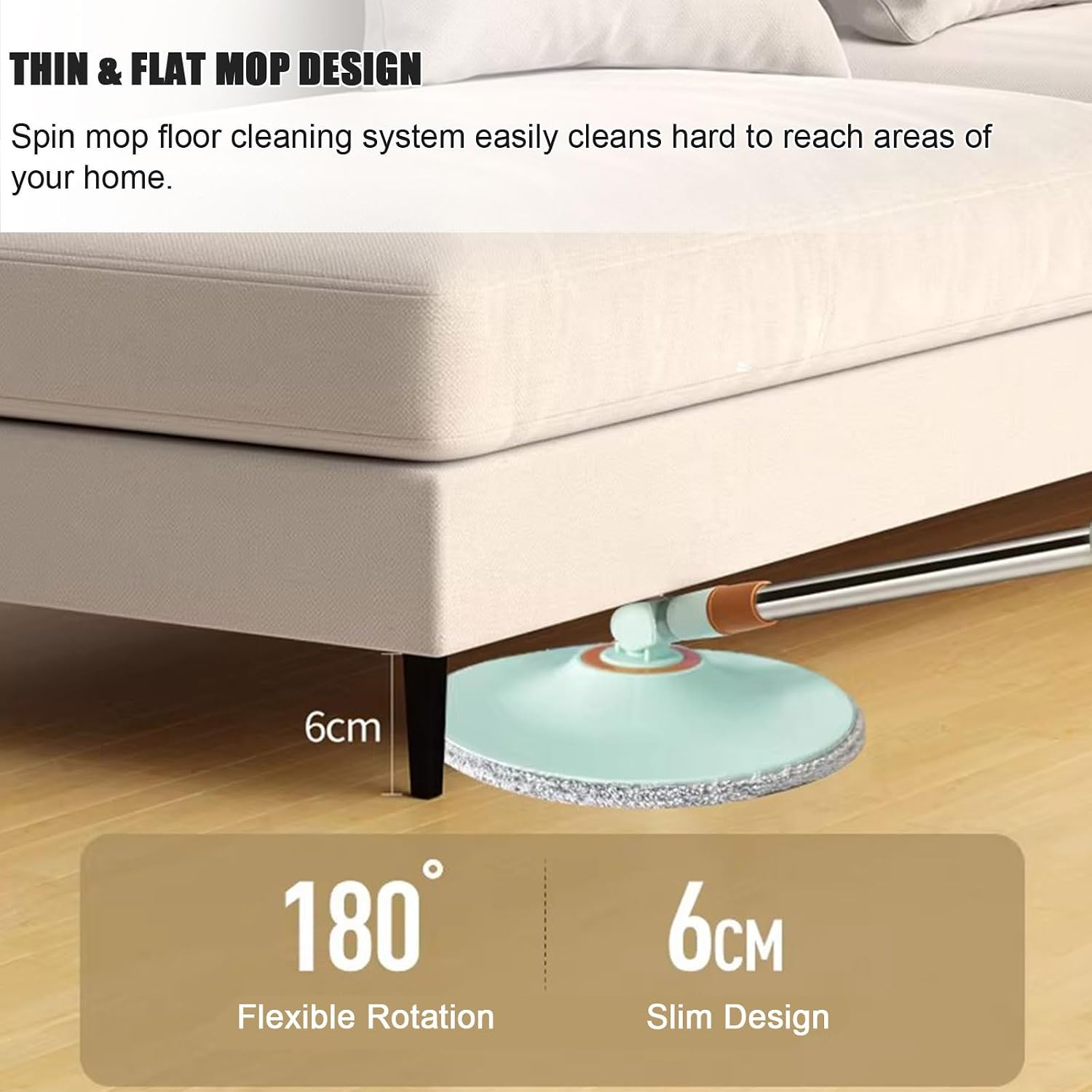 Spin Mop and Bucket System Kit, Self-Separating Cleaning Soil, Square Mop Head with 5 Washable Replacement Mop Pads for Hardwood, Wood, Tile, Laminate