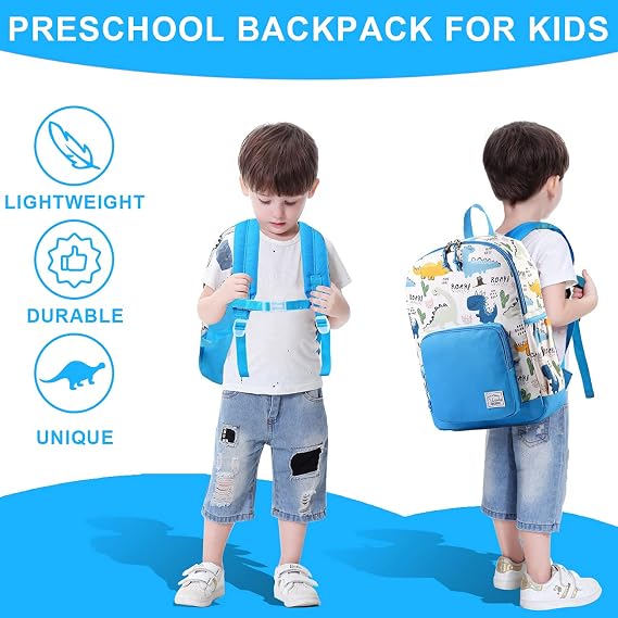 VASCHY Kids Backpack, 13L School Bag for Boys and Girls 4-6Years Water Resistant Toddler Dinosaur Rucksack Children's Backpack with Elastic Water Bottle Pockets for Elementary School(Blue Dino)