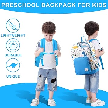 VASCHY Kids Backpack, 13L School Bag for Boys and Girls 4-6Years Water Resistant Toddler Dinosaur Rucksack Children's Backpack with Elastic Water Bottle Pockets for Elementary School(Blue Dino)