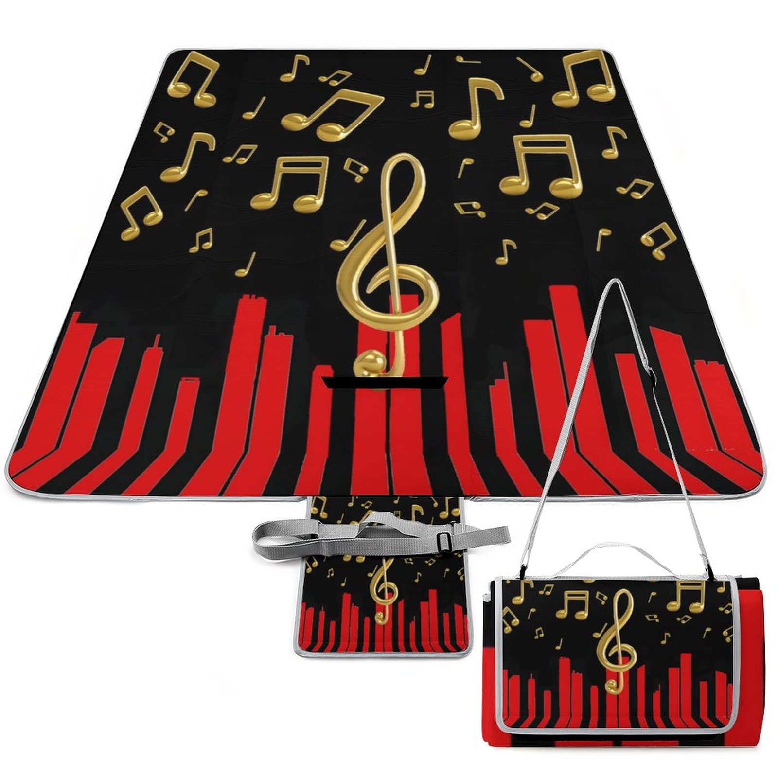 Kazynee Abstract Musical Red Piano Outdoor Picnic Blanket Keyboard Gold Symbol Music Theme for Outdoor Beach Hiking Camping on Grass Waterproof Sandproof 58.3x58.3 Inch