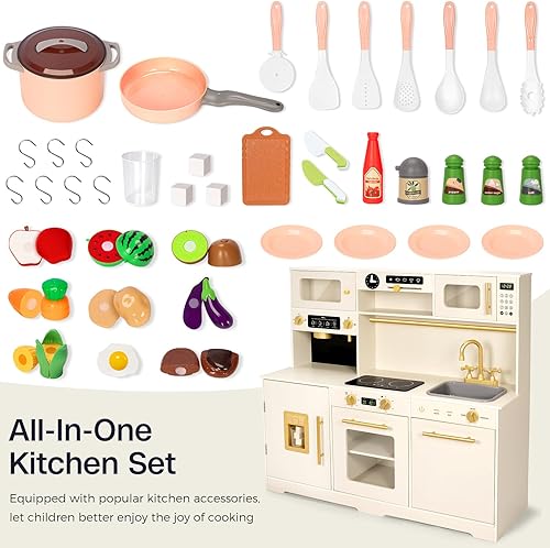 Vista 2 de Juego de cocina de madera para niños pequeños, juego de cocina para niños con accesorios, estufa de cocina, fregadero de juegos, comida de juguete