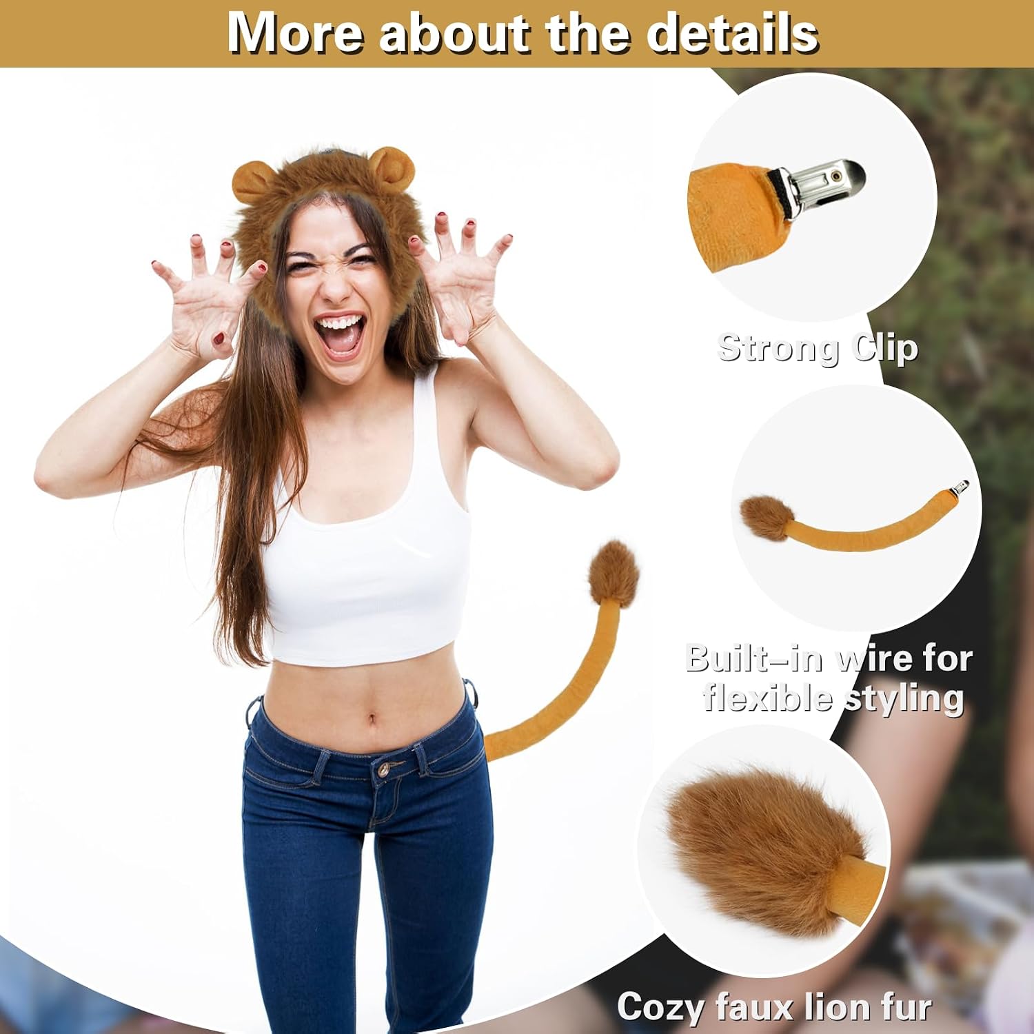 Beviliu Lion Ears and Tail Set, 2 Pieces Lions Costume Plush Realistic Animal Ears Headband, Halloween Christmas Cosplay Animals Party Lion Costume Accessories, Make up Dressing up Headband for Adult image 2