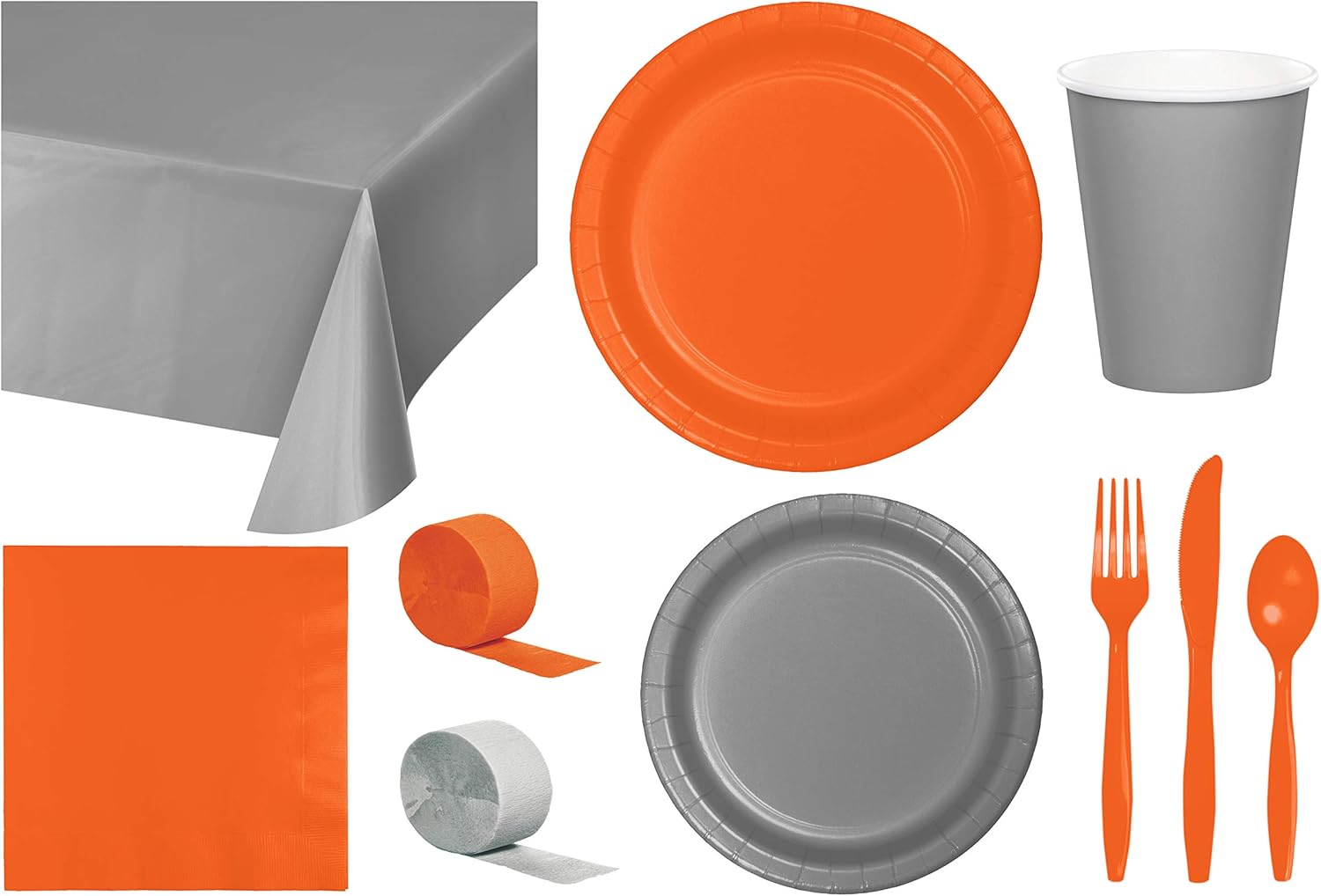 Baxters Party Bundle Bulk, Tableware for 24 People Silver and Sunkiss Orange, 2 Size Plates Napkins, Paper Cups Tablecovers and Cutlery, Box of 199