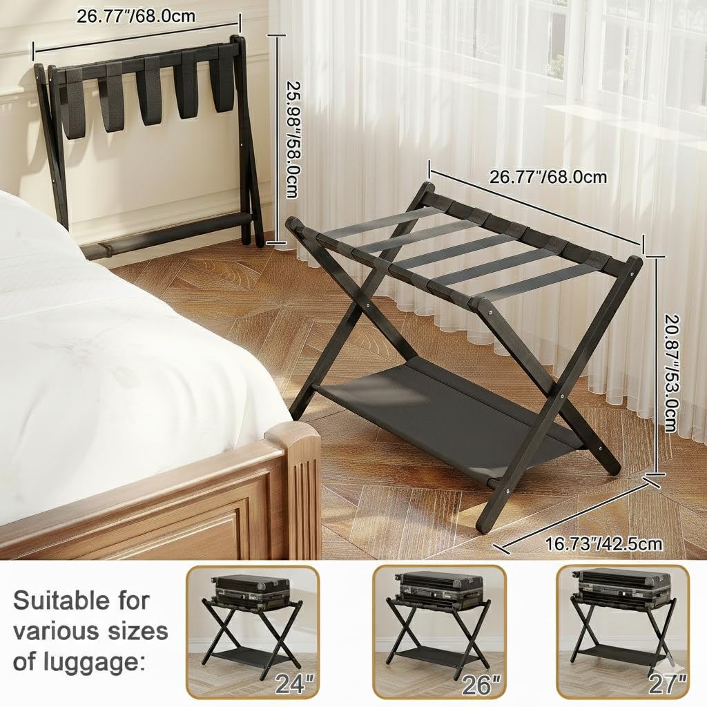 BAMBOOHOMIE Paquete de 2 portaequipajes de bambú para habitación de invitados, soporte plegable de 26.7 pulgadas con estante de almacenamiento de tela, soporte de equipaje grueso para dormitorio