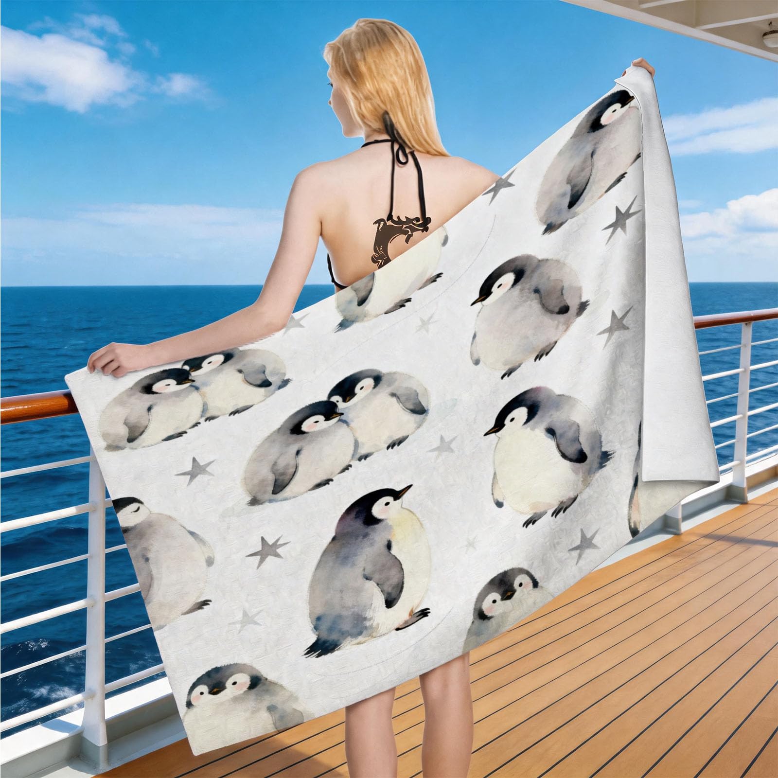 Hongduo Microfiber Quick Dry Beach Towel Watercolor Penguin, 3D Cartoon Beach Towels Absorbent Fast Drying Bath Towels, Travel Camping Gym Swimming Bathroom (100x200cm)