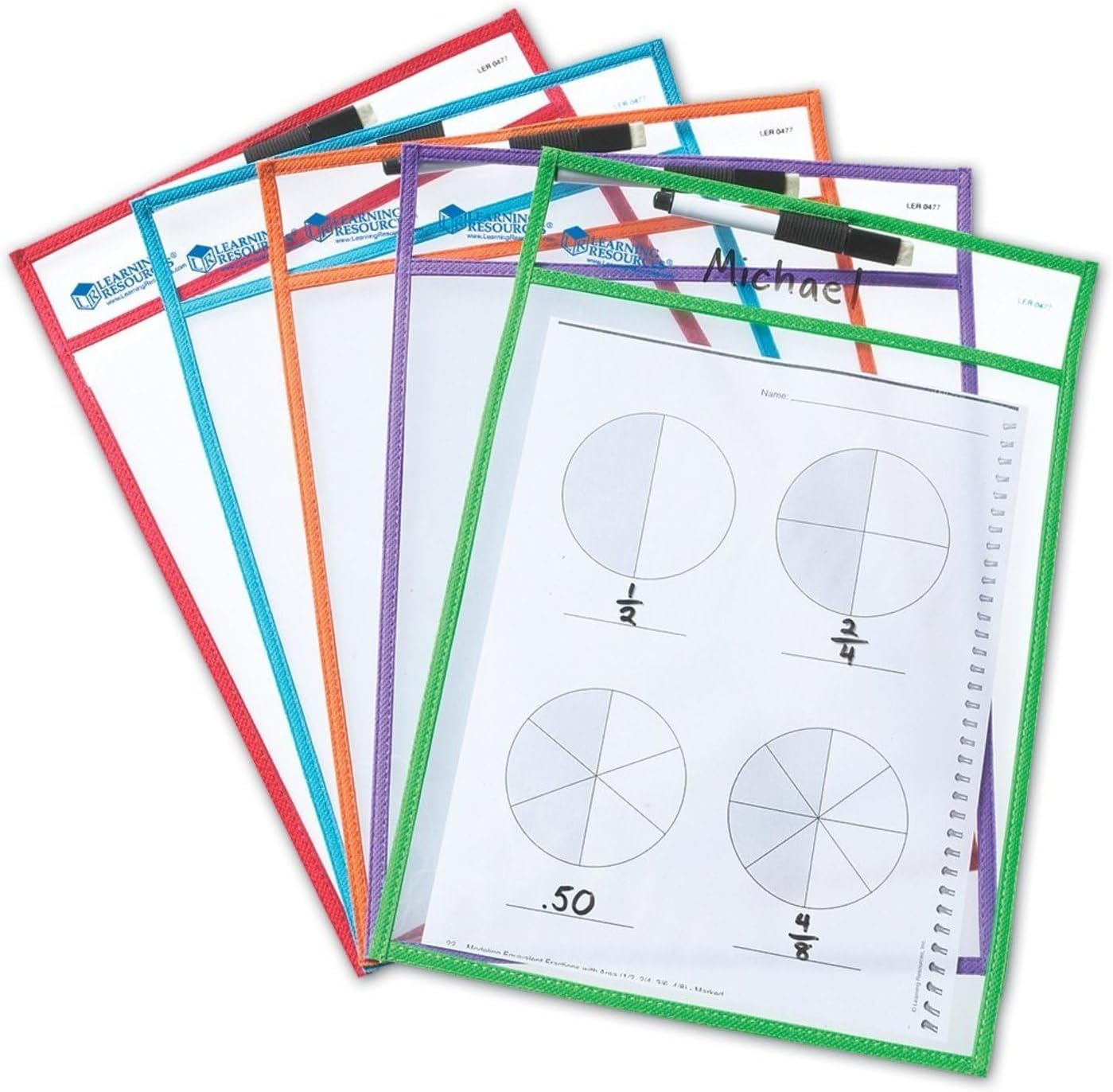Learning Resources Write & Wipe Pockets, Set of 5 - Dry Erase Sheet Protectors, Dry Erase Sleeves, Pocket Protector, Classroom Supplies for Teachers, Clear Plastic Paper Sleeves