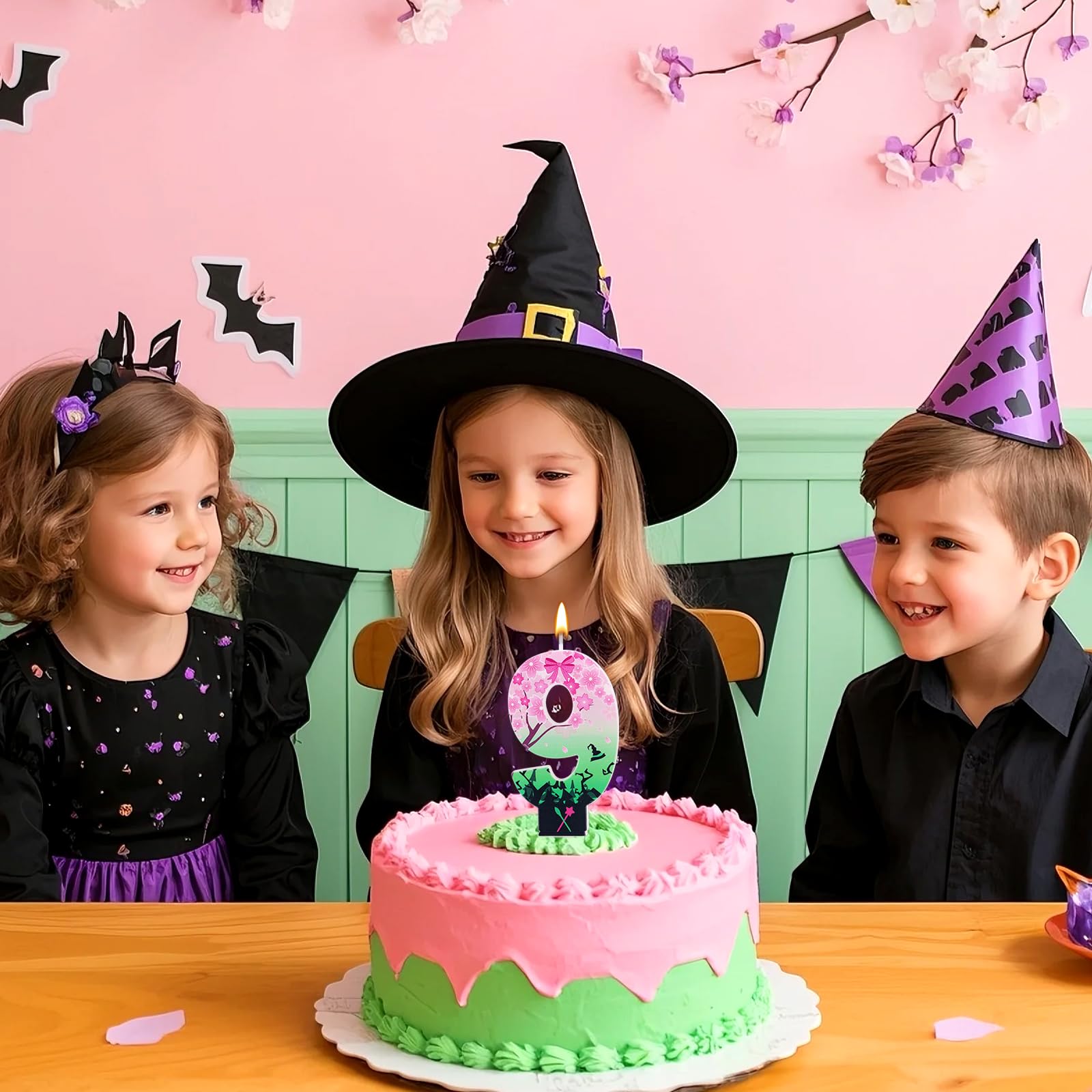 Candela Compleanno A Tema Strega Malvagia - Numero Verde E Rosa, Per Torte E Feste A Tema Halloween