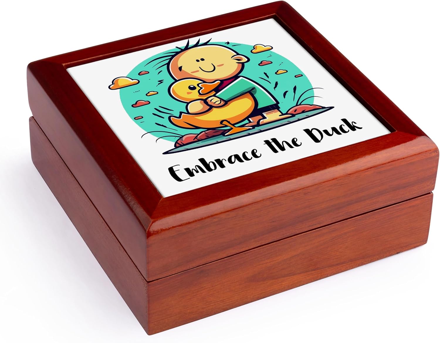 3dRose Funny Cute Kid Hugging Duck Jewelry Box 7 x 7 inch with 4 inch tile