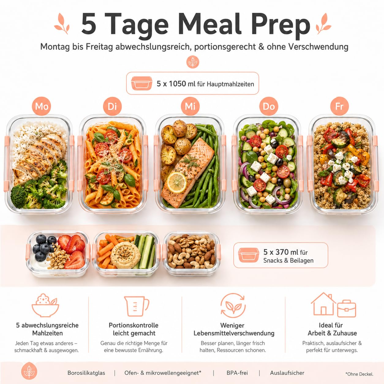Fenger Set di contenitori salvafreschezza in vetro, contenitori per il pranzo, contenitori in vetro con coperchio, lavabili in lavastoviglie, adatti al microonde e al congelatore, a prova di perdite