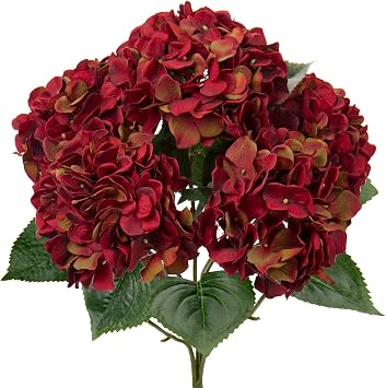 Hollyone Dark Red Hydrangeas Bunch Artificial Flowers, Large Fake Hydrangeas Bouquet Faux Silk Flowers for Home Decor, Flower Arrangement, Wedding, Flower Bouquets, Living Room Decorations