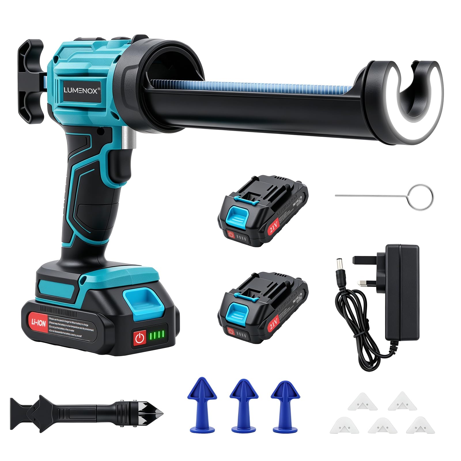 Electric Caulking Gun Cordless, 4 Speed Battery Powered Silicone Gun with 2x2000mAh Batteries & Charger, Anti Drip System, 360° Rotatable Holder for Sealant Adhesive, Home Renovation