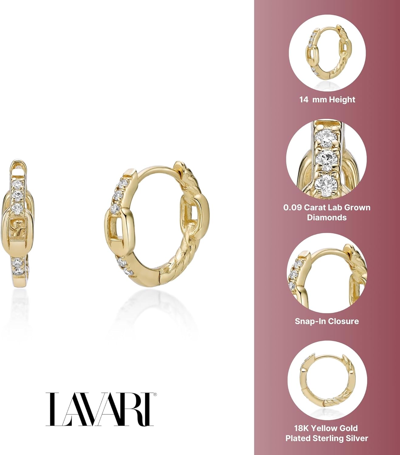 Lavari Jewelers Lab Grown Diamond Chain Link Hoop Earrings for Women - 18k Yellow Gold Plated 925 Sterling Silver Earrings for Her (F-G, VS1-VS2, 0.09 cttw) Hypoallergenic Snap-In Hinged Hoops - Image 7