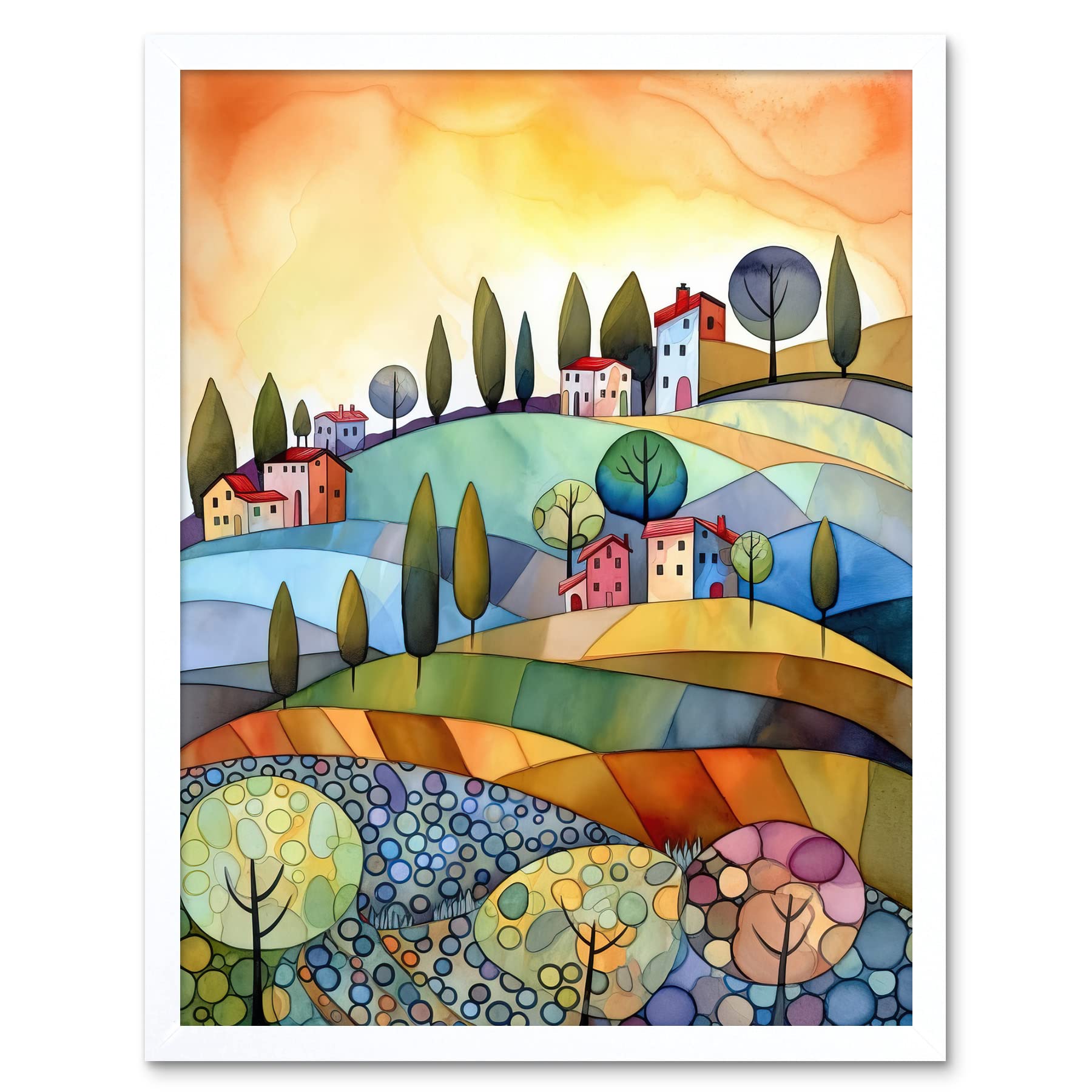 Artery8 Framed White 12X16 Italian Countryside Midsummer Landscape Folk Art Art Print Framed Poster Wall Decor 12X16 Inch