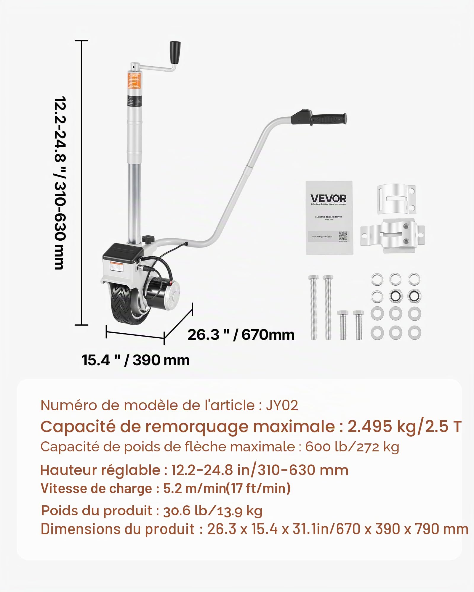 VEVOR Roue Jockey Remorque Électrique Motorisée 2,5 t Déplace Remorque 380 W 12 V Vitesse Déplacement 7 m/Min Hauteur Serrage Réglable 31-63 cm Pneu Caoutchouc 20,3 cm pour Déplacer Caravanes Bateaux