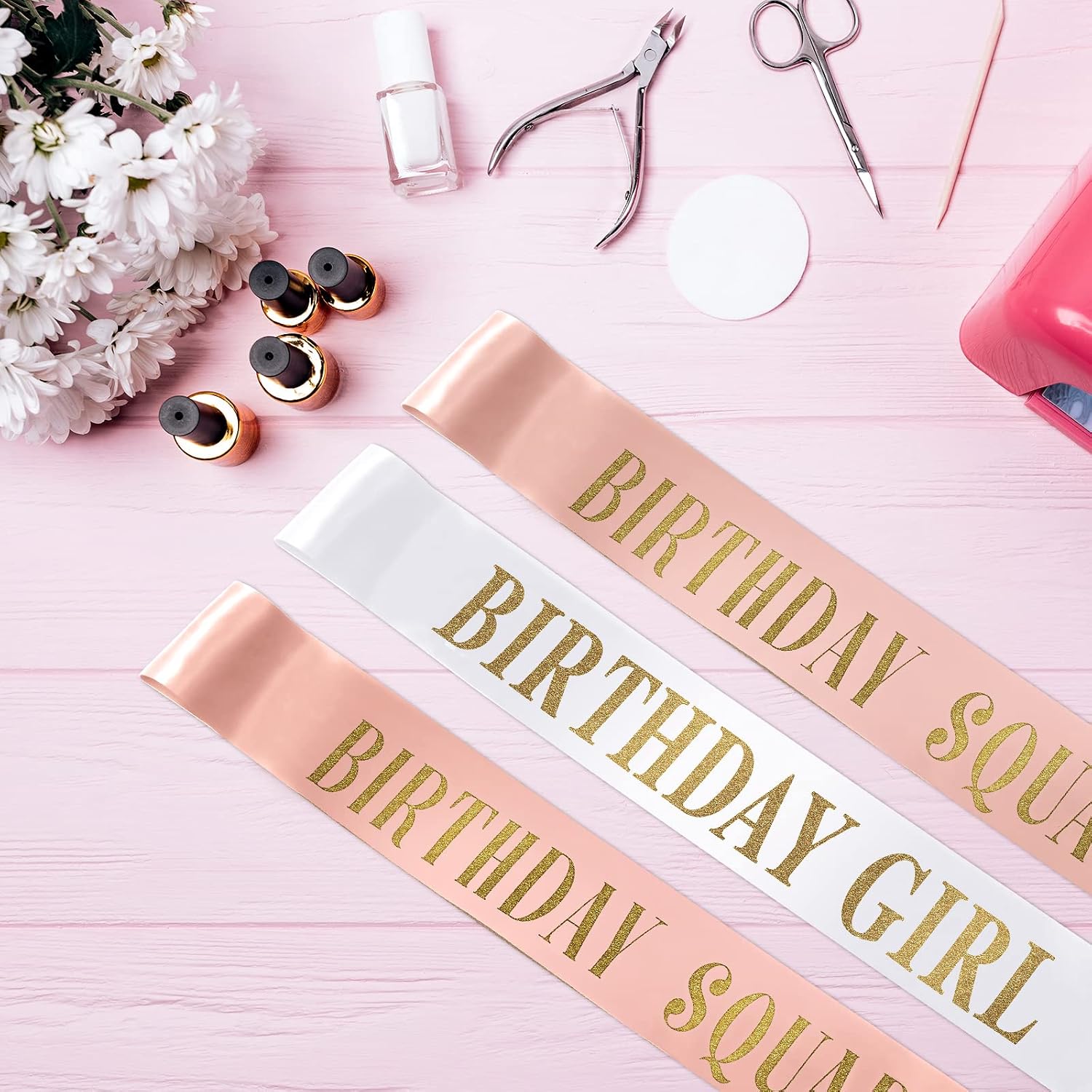 Weewooday 10 Pcs Birthday Squad Sash Set 9 Pink 1 White Birthday Group Sash Funny Party Decorations for Sweet 16 18th 21st 25th 30th 40th 50th or Other Bday